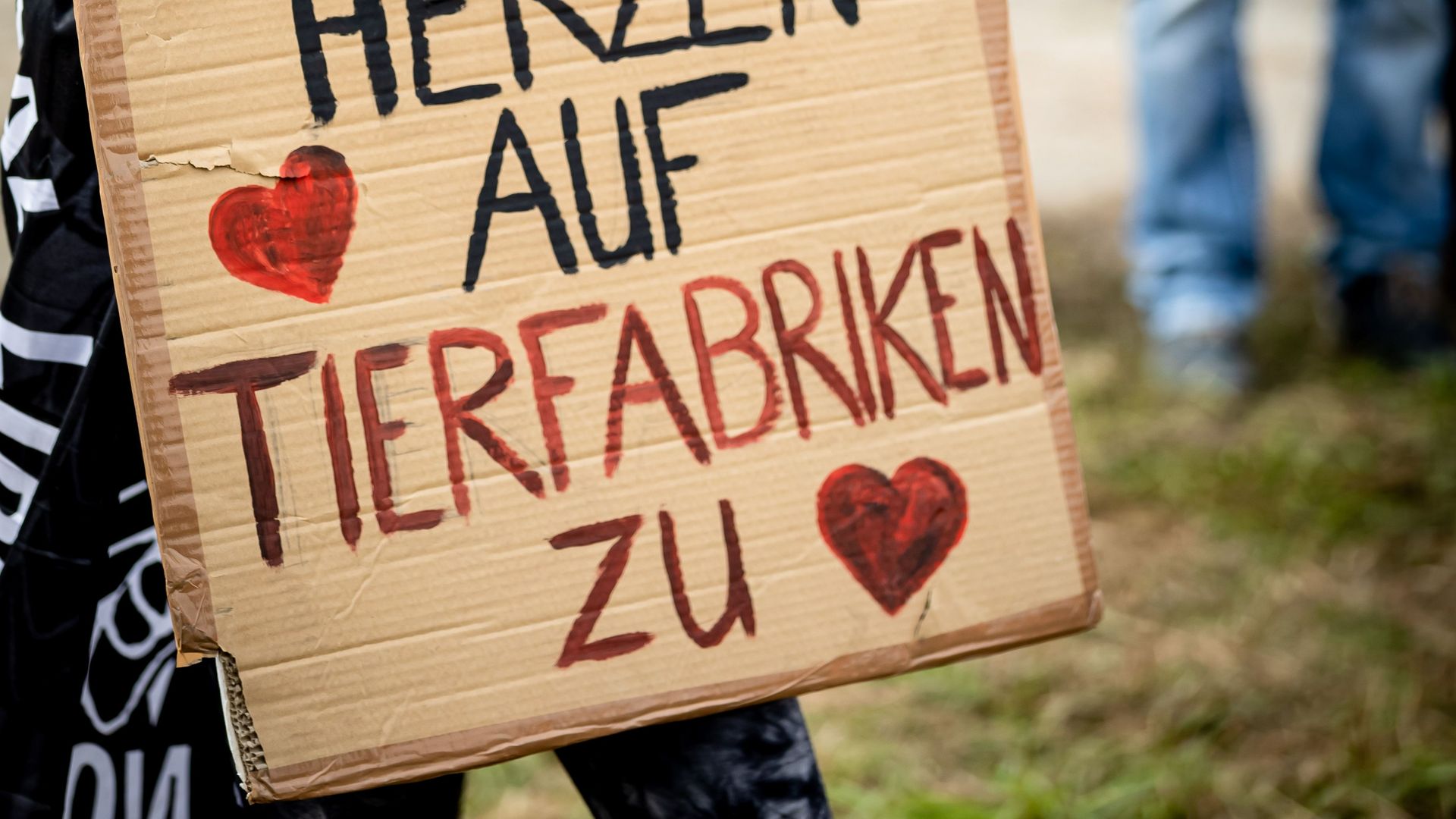 Demonstrationsschild "Herzen auf - Tierfabriken zu"