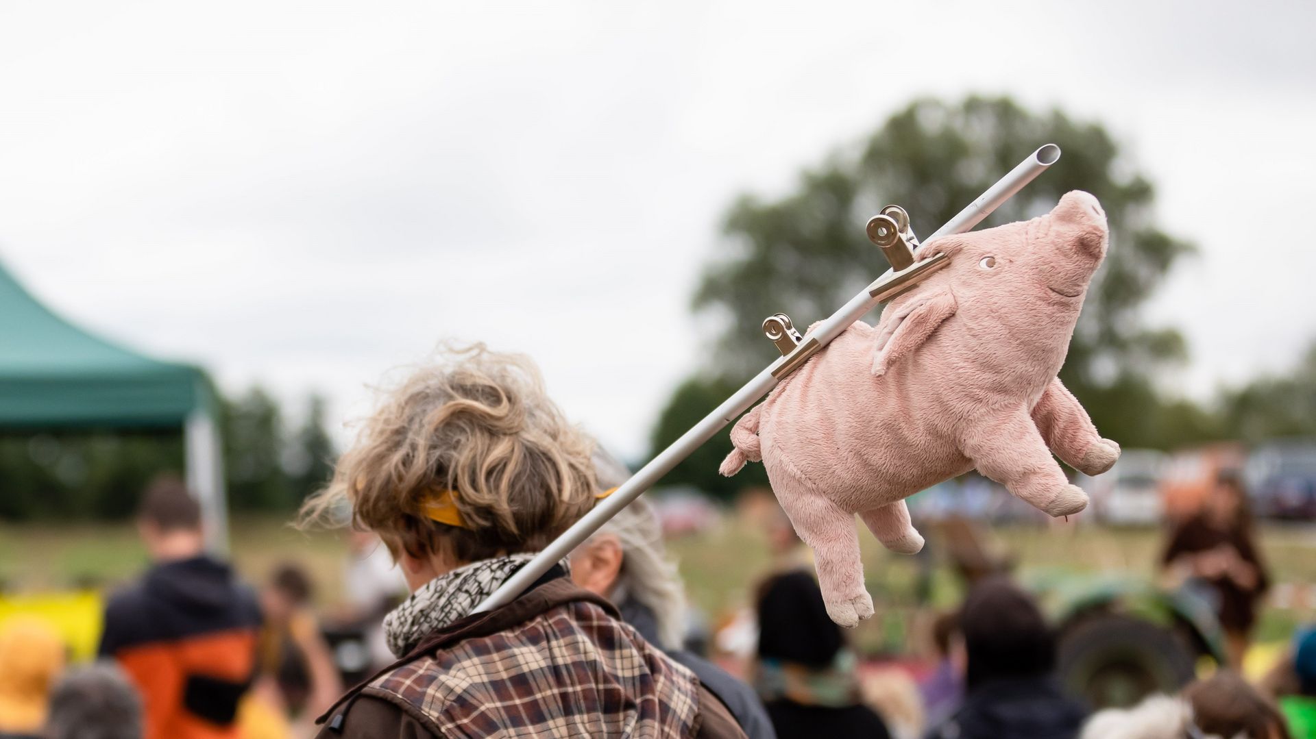 Frau von hinten trögt Stoff-Schwein an Stange